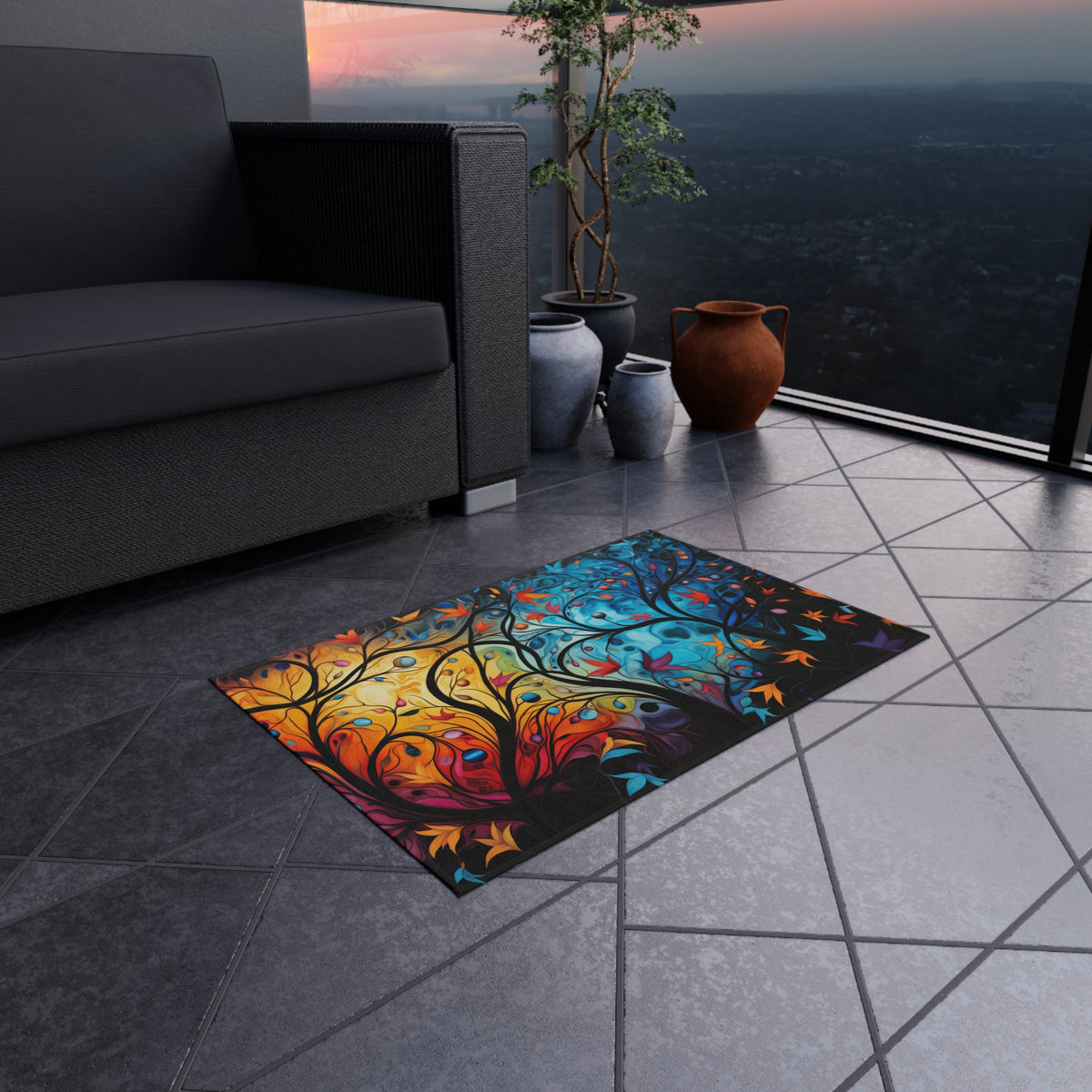 Glowing Autumn Woodland Outdoor Rug – Luminous Art-Print Style