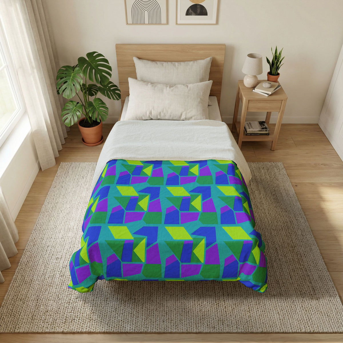 Cubist Block Quilt Cotton Duvet Cover – Peacock Jewel