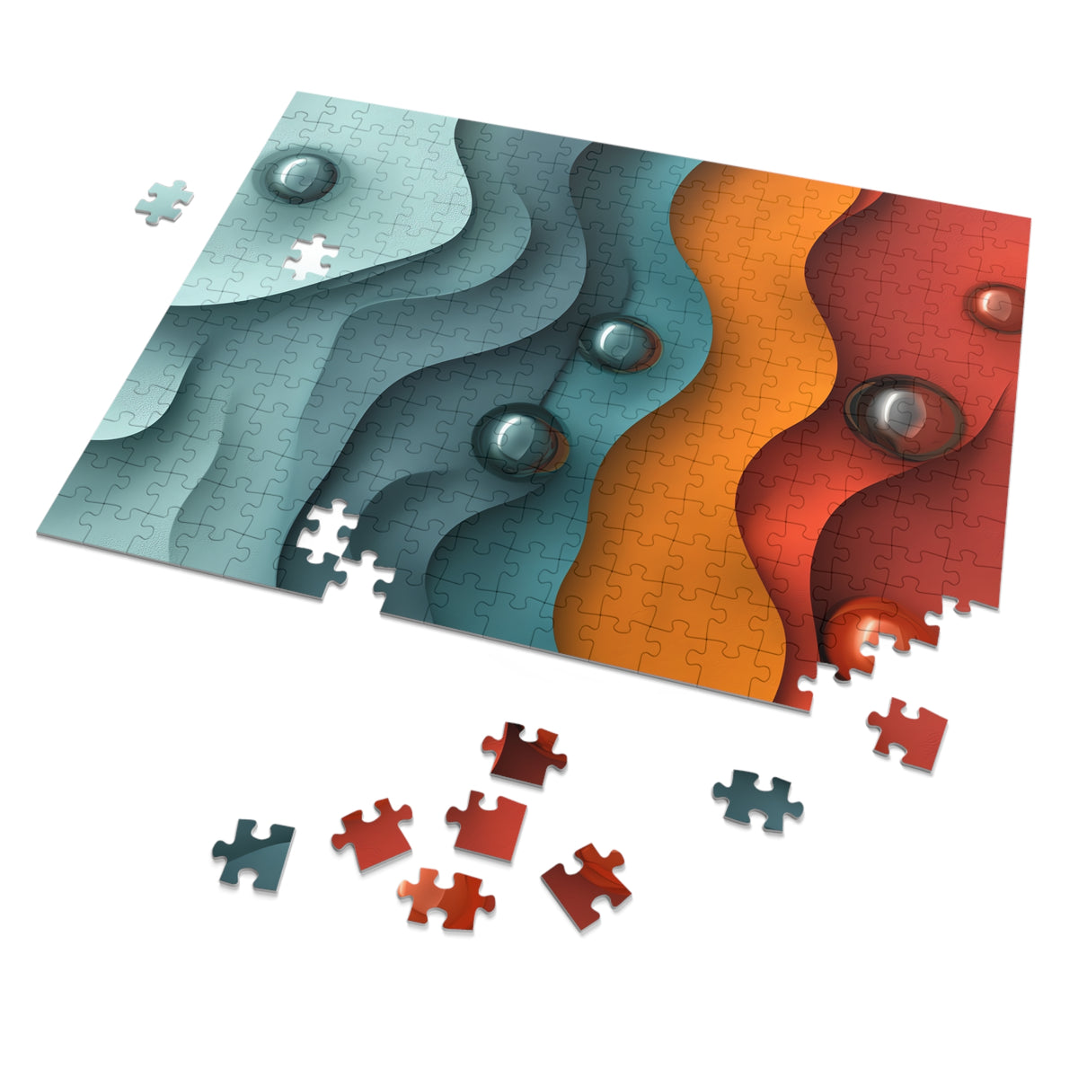Teal Coral Waves Jigsaw Puzzle with Tin – Sculpted Wave Abstract