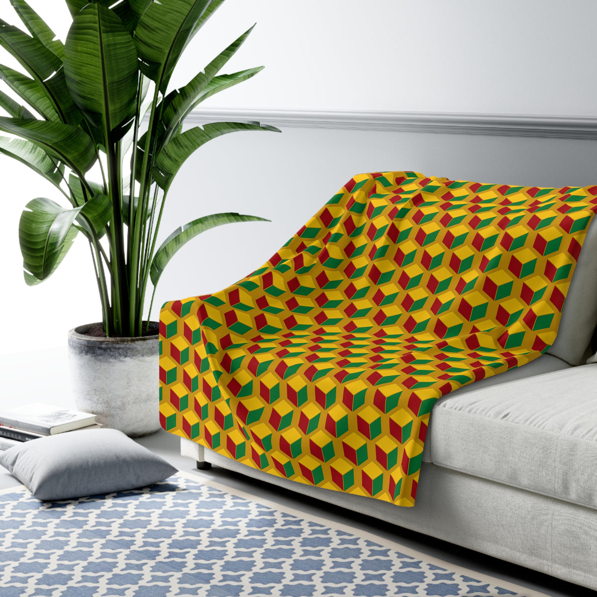 Giant Faceted Cubes II Sherpa Fleece Blanket – Isometric Op-Art Pattern