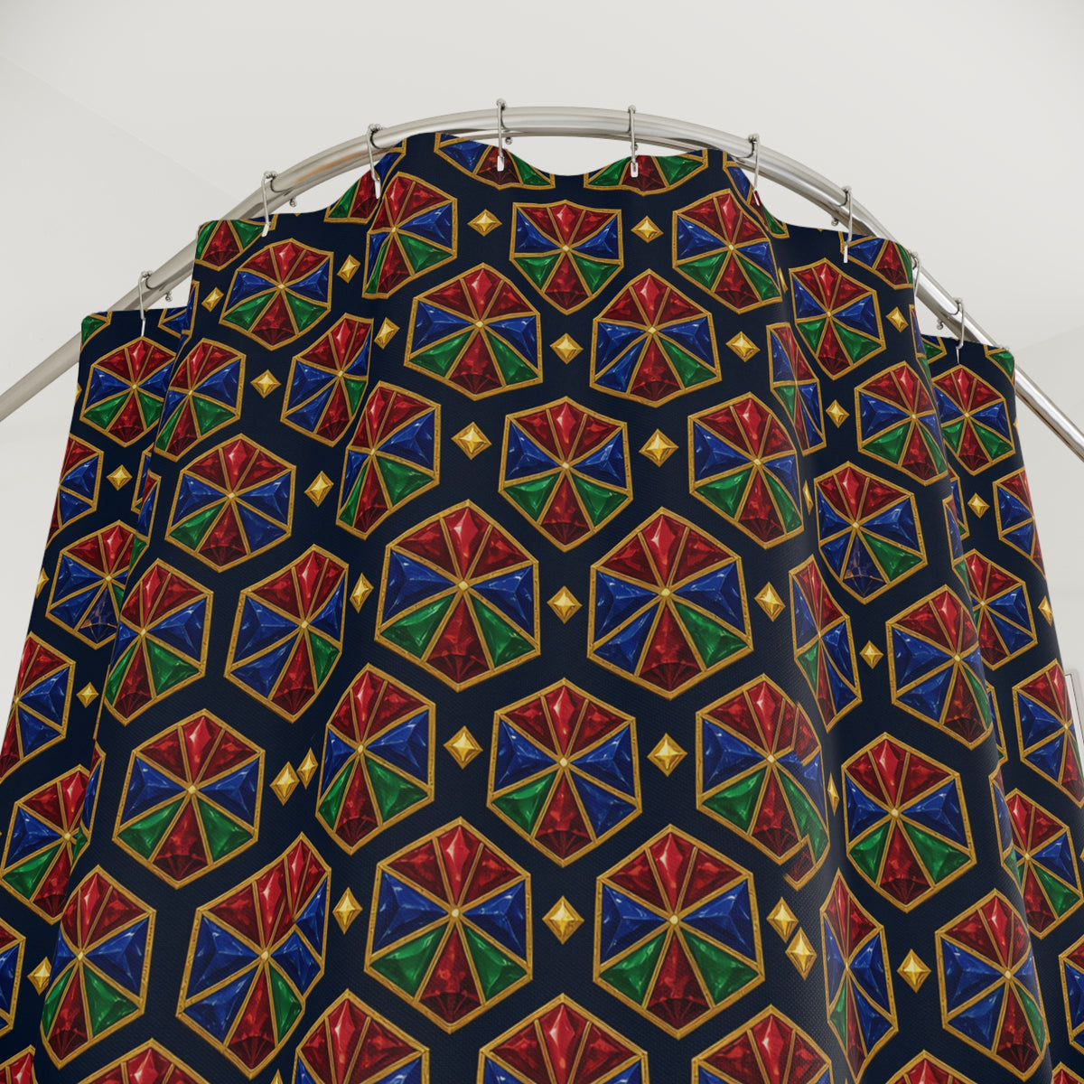 Hexagon Gem Wheels Shower Curtain – Kaleidoscopic Pattern