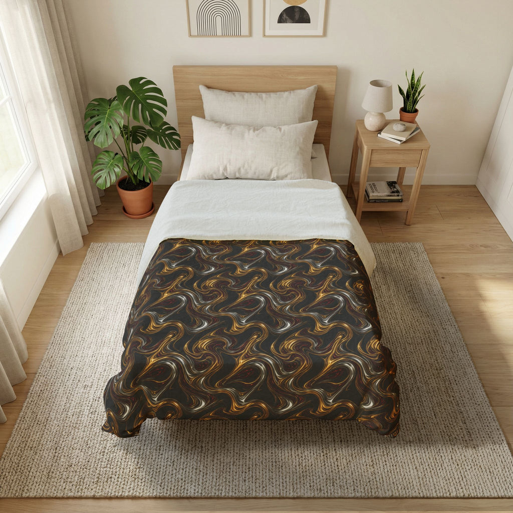 Melting Gold Ribbons Cotton Duvet Cover – Liquid Chrome Pattern