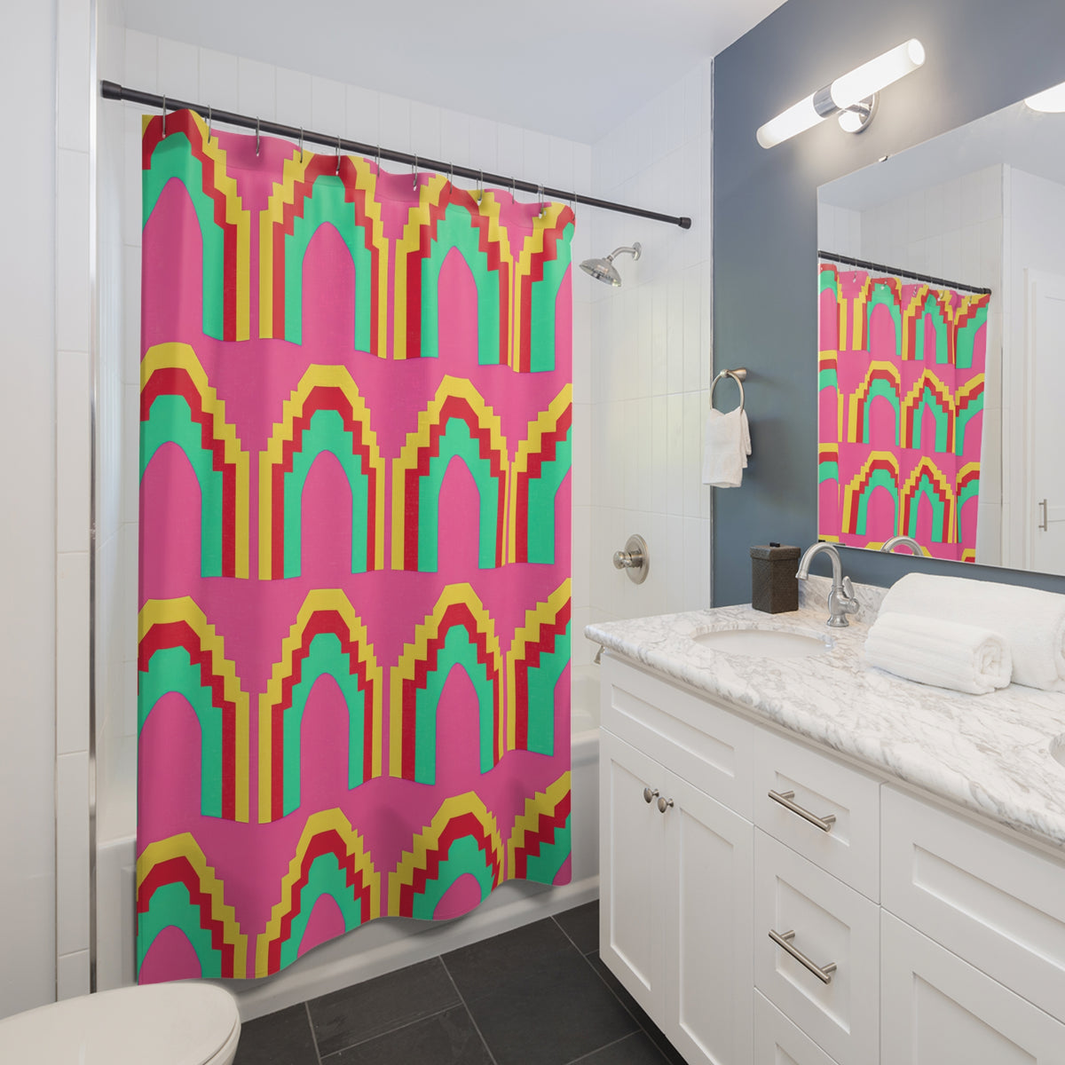 Grand Stepped Arches Shower Curtain – Candy Christmas