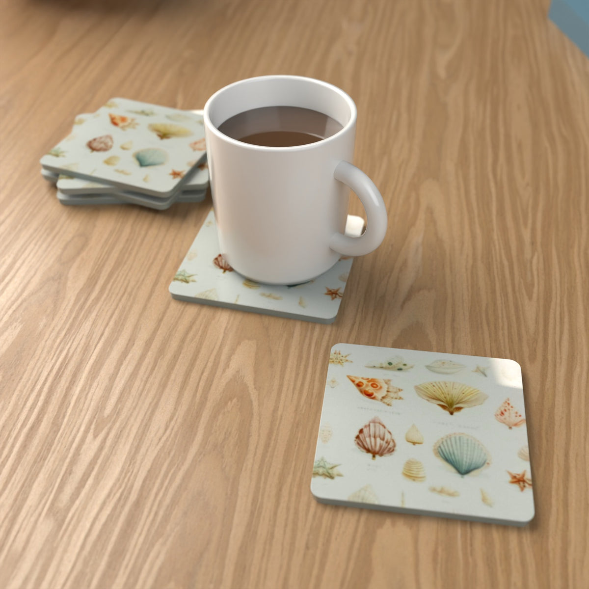 Vintage Seashell Square Glass Coasters – Coastal Shell Print – lifestyle mockup 1