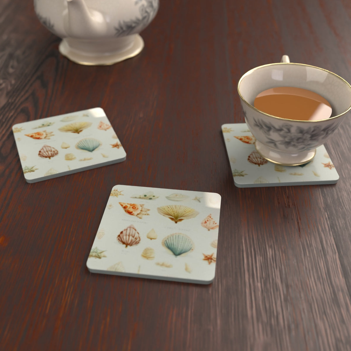 Vintage Seashell Square Glass Coasters – Coastal Shell Print – lifestyle mockup 2