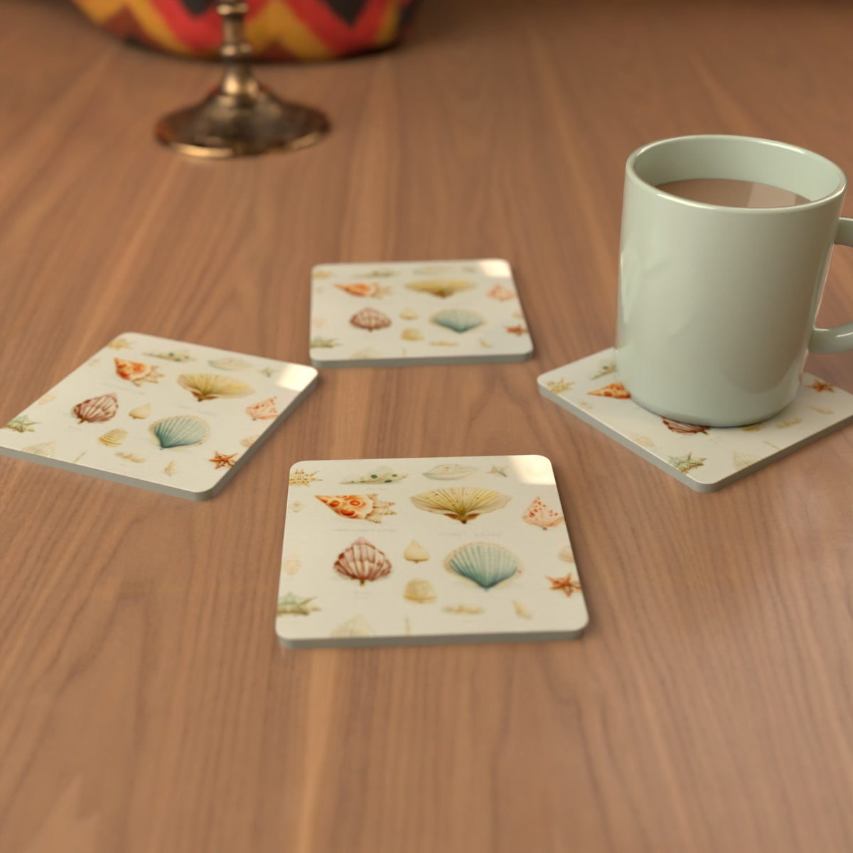 Vintage Seashell Square Glass Coasters – Coastal Shell Print – lifestyle mockup 3