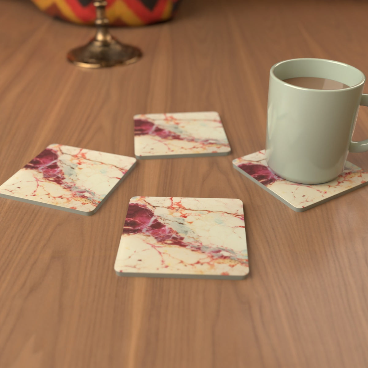 Red, Teal & Gold Marble Glass Coasters – Abstract Agate Design – lifestyle mockup 3