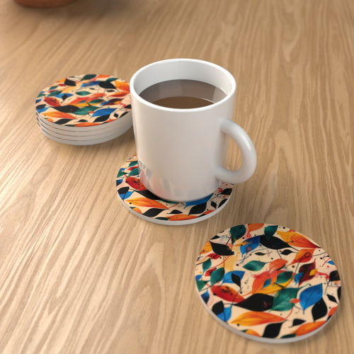 Autumn Leaves Round Ceramic Coasters – Colourful Botanical Set – lifestyle mockup 1