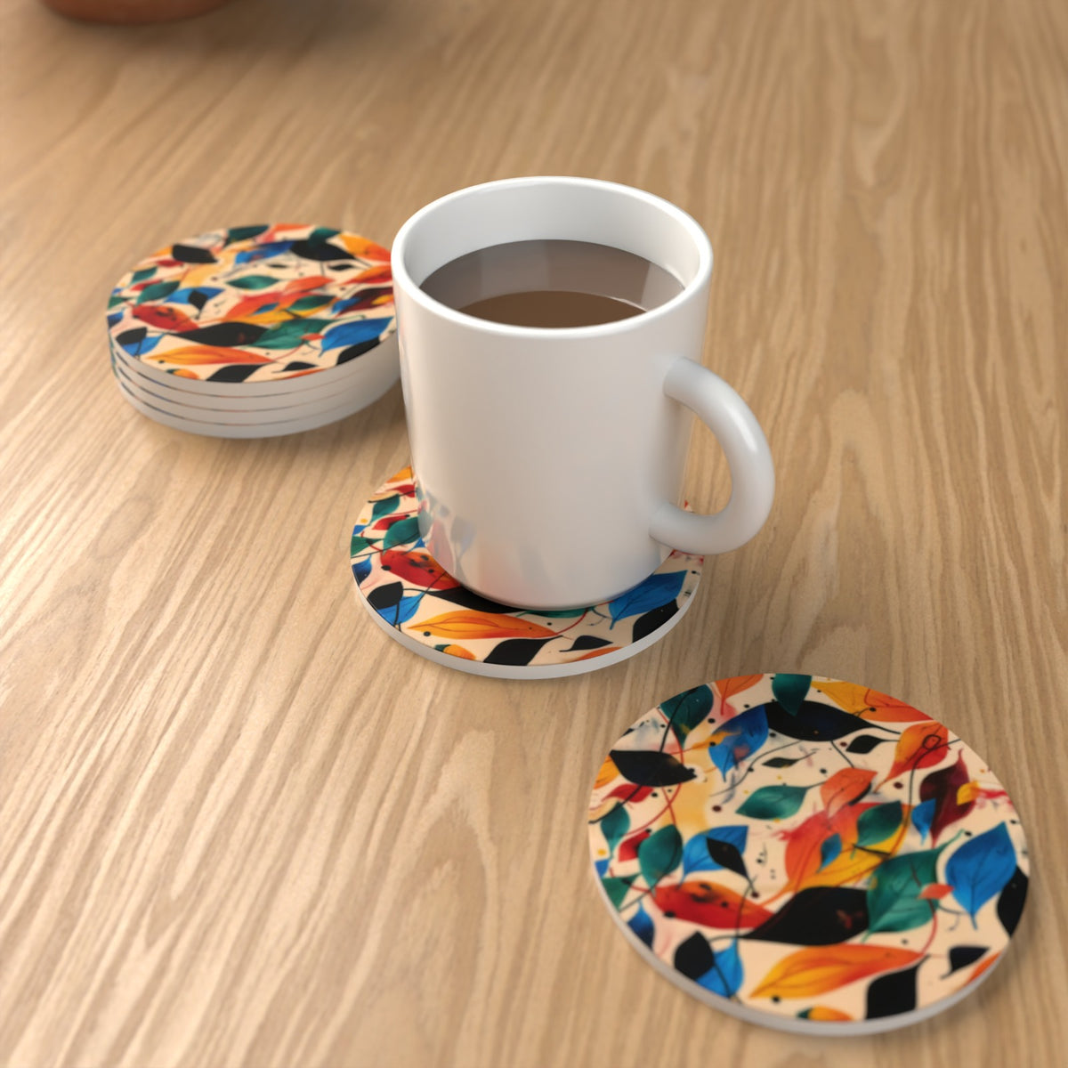 Autumn Leaves Round Ceramic Coasters – Colourful Botanical Set – lifestyle mockup 1