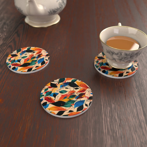 Autumn Leaves Round Ceramic Coasters – Colourful Botanical Set – lifestyle mockup 2