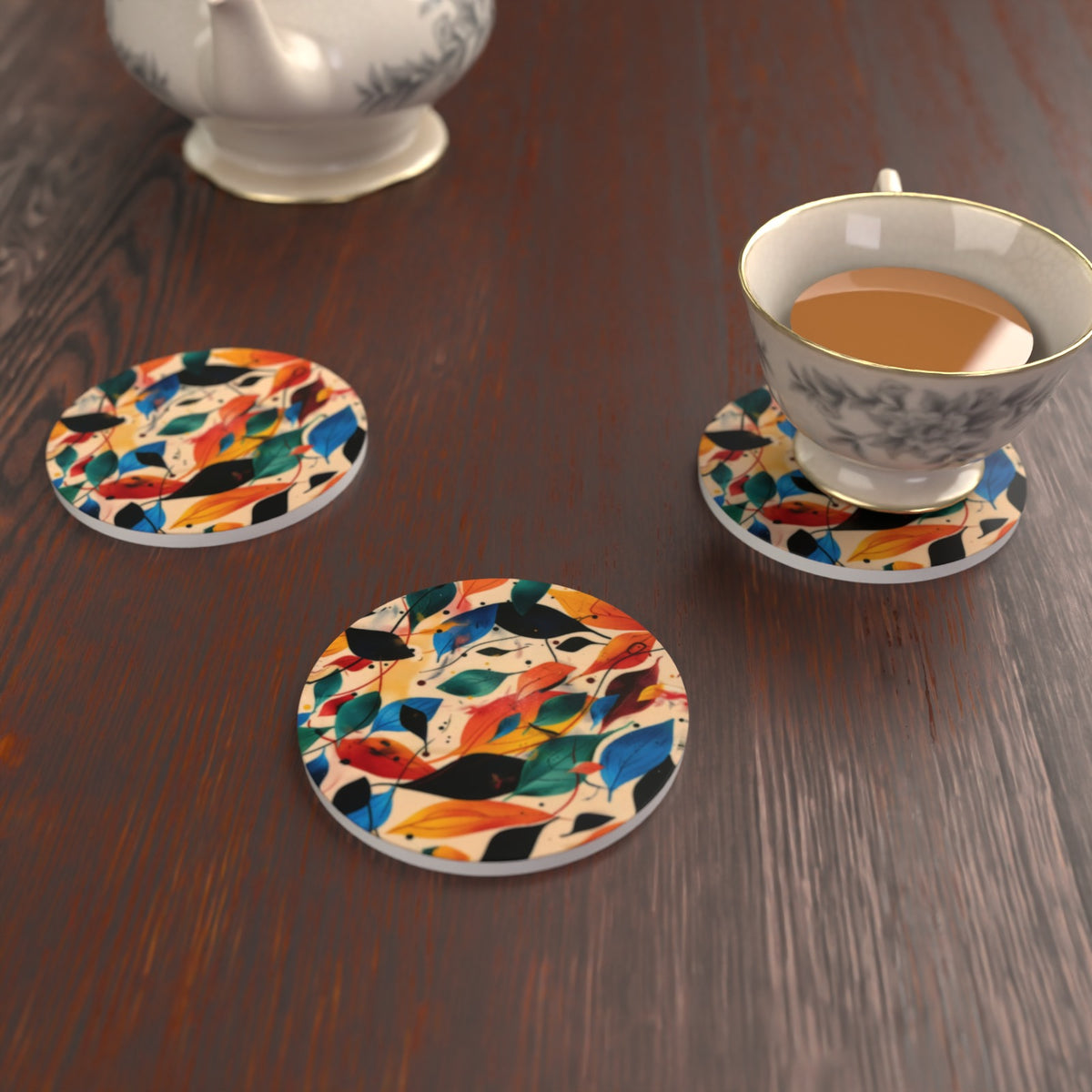 Autumn Leaves Round Ceramic Coasters – Colourful Botanical Set – lifestyle mockup 2