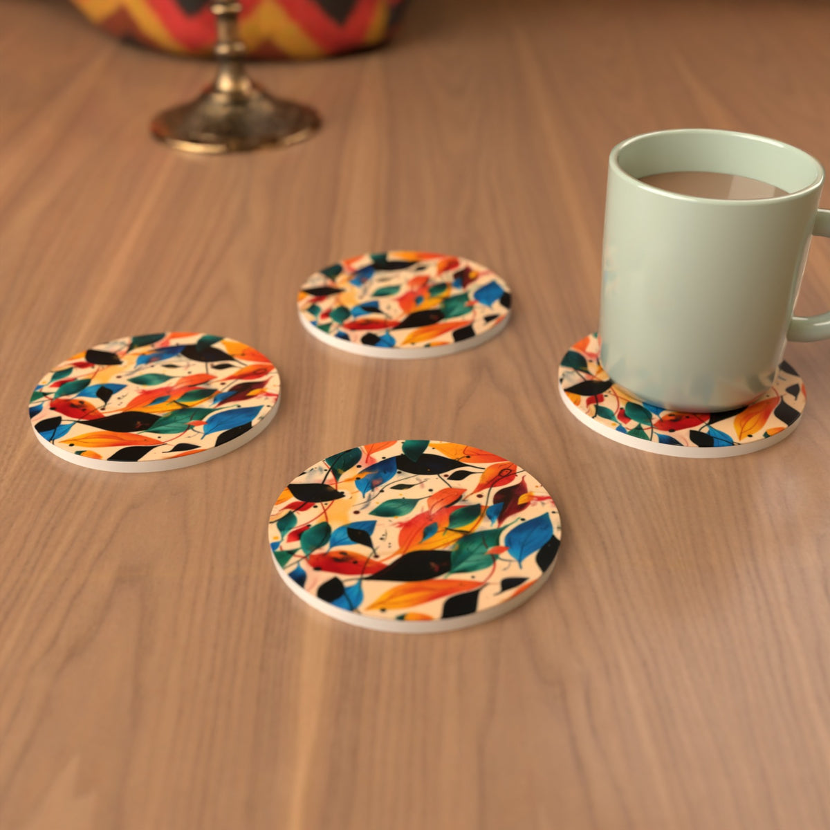 Autumn Leaves Round Ceramic Coasters – Colourful Botanical Set – lifestyle mockup 3