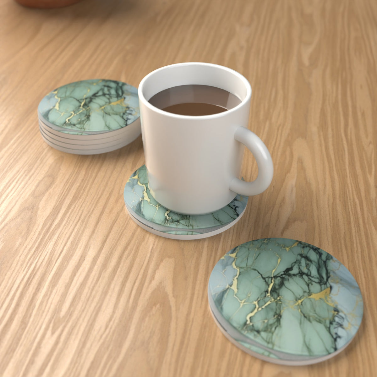 Green Marble Round Ceramic Coasters – Set of 6 – lifestyle mockup 1
