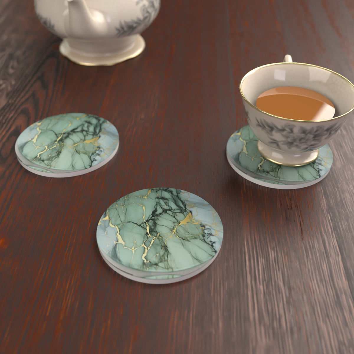 Green Marble Round Ceramic Coasters – Set of 6 – lifestyle mockup 2