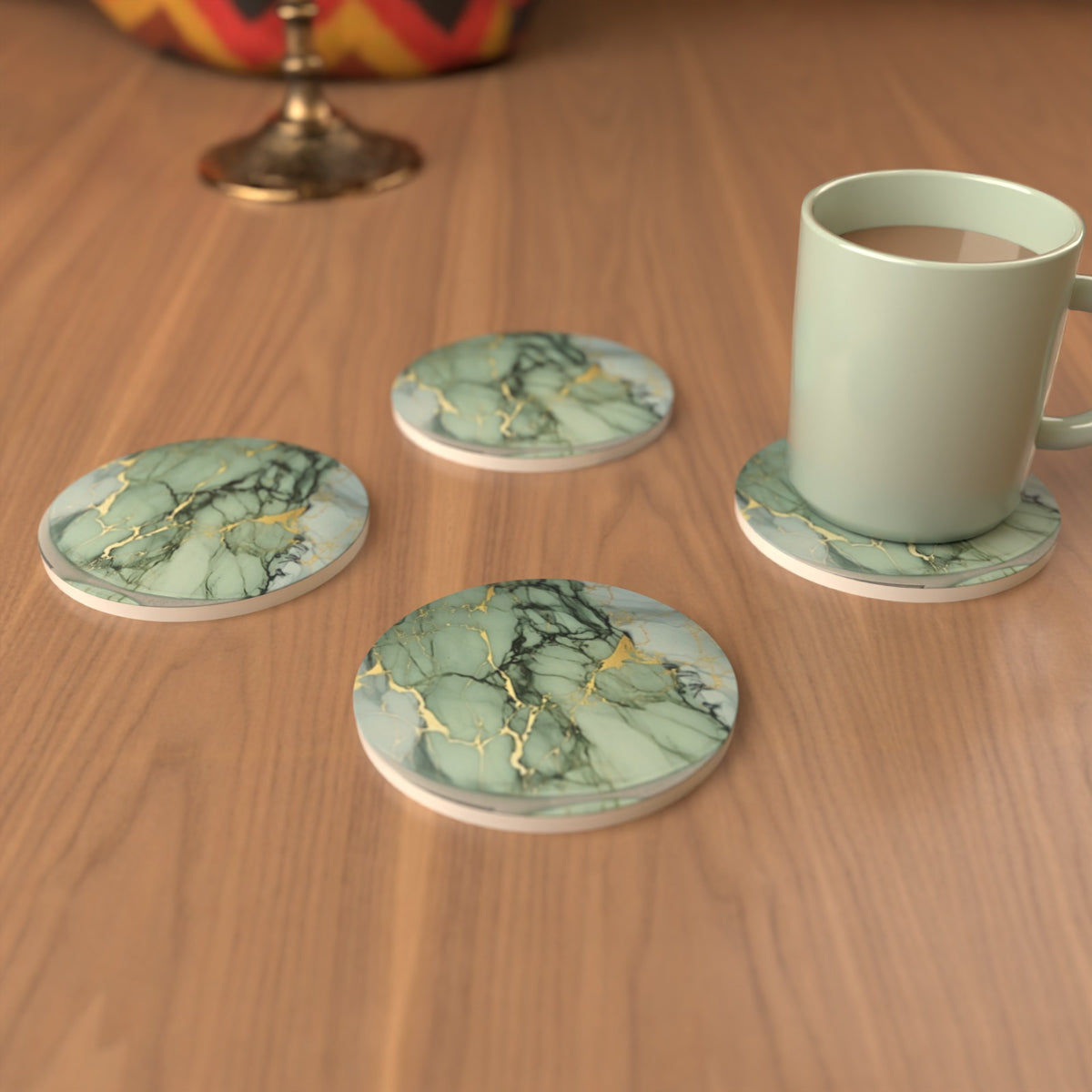 Green Marble Round Ceramic Coasters – Set of 6 – lifestyle mockup 3