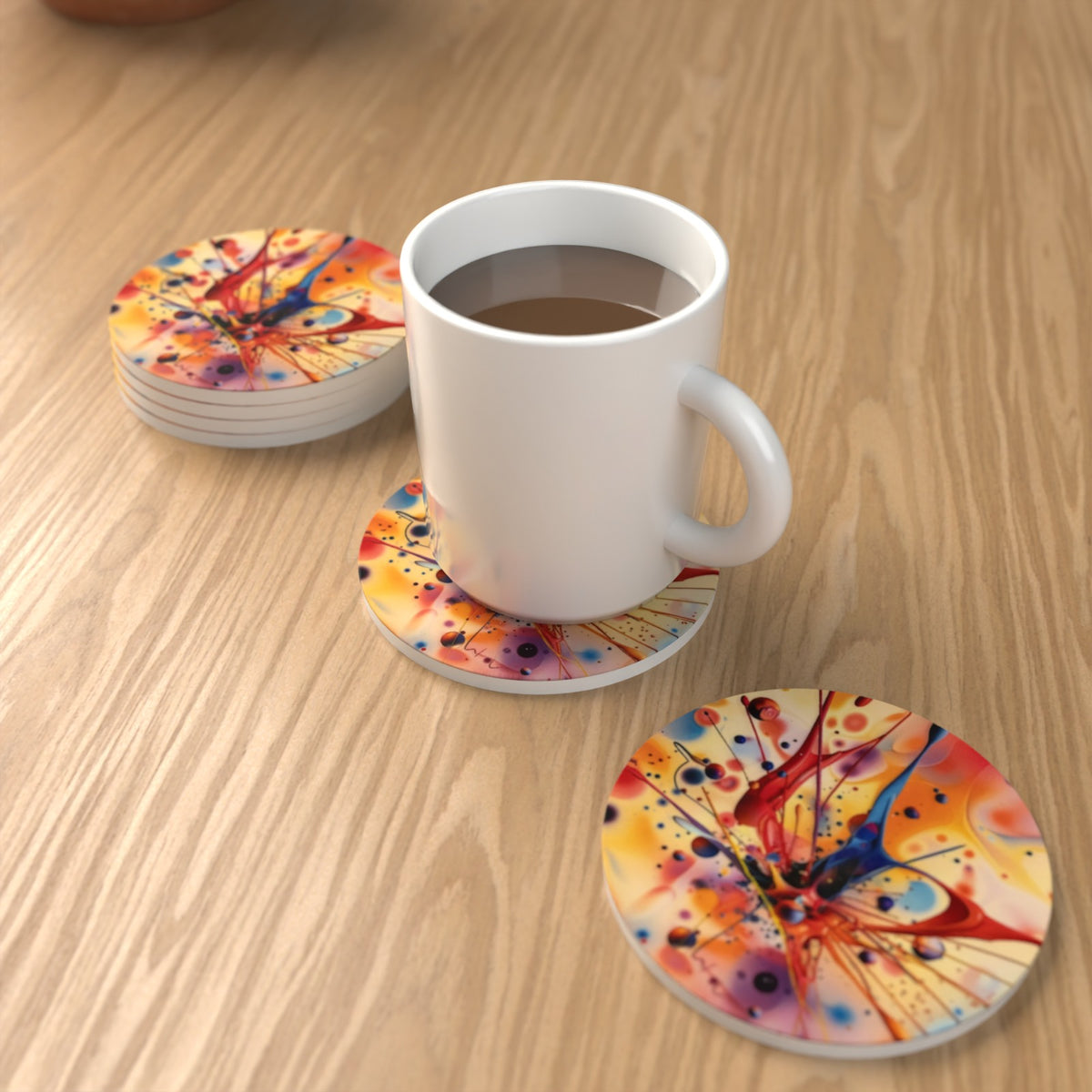 Acrylic Oil Splash No.5 Round Ceramic Coasters – Set of 6 – lifestyle mockup 1