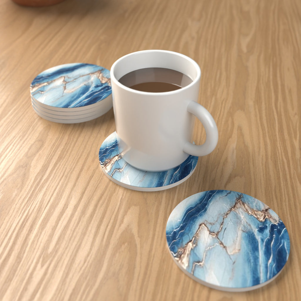 Cyan, Blue & Gold Marble Round Ceramic Coasters – Set of 6 – lifestyle mockup 1