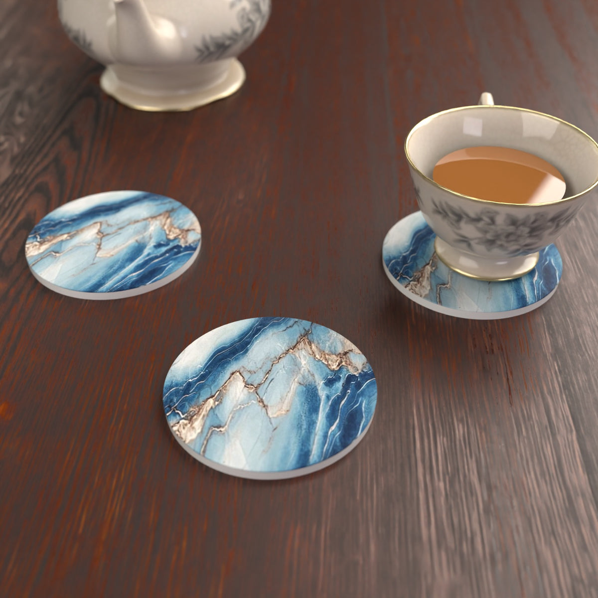 Cyan, Blue & Gold Marble Round Ceramic Coasters – Set of 6 – lifestyle mockup 2