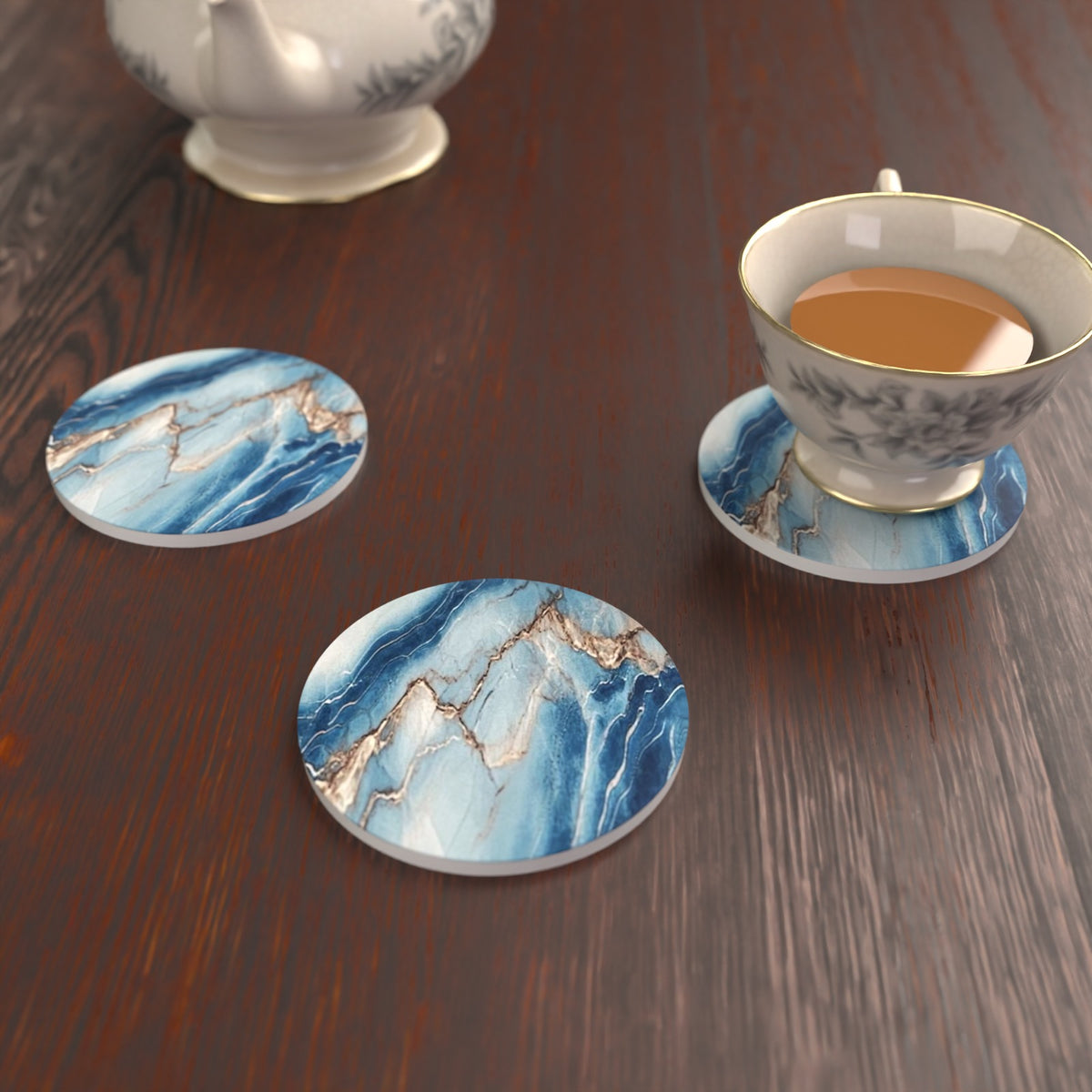 Cyan, Blue & Gold Marble Round Ceramic Coasters – Set of 6 – lifestyle mockup 2