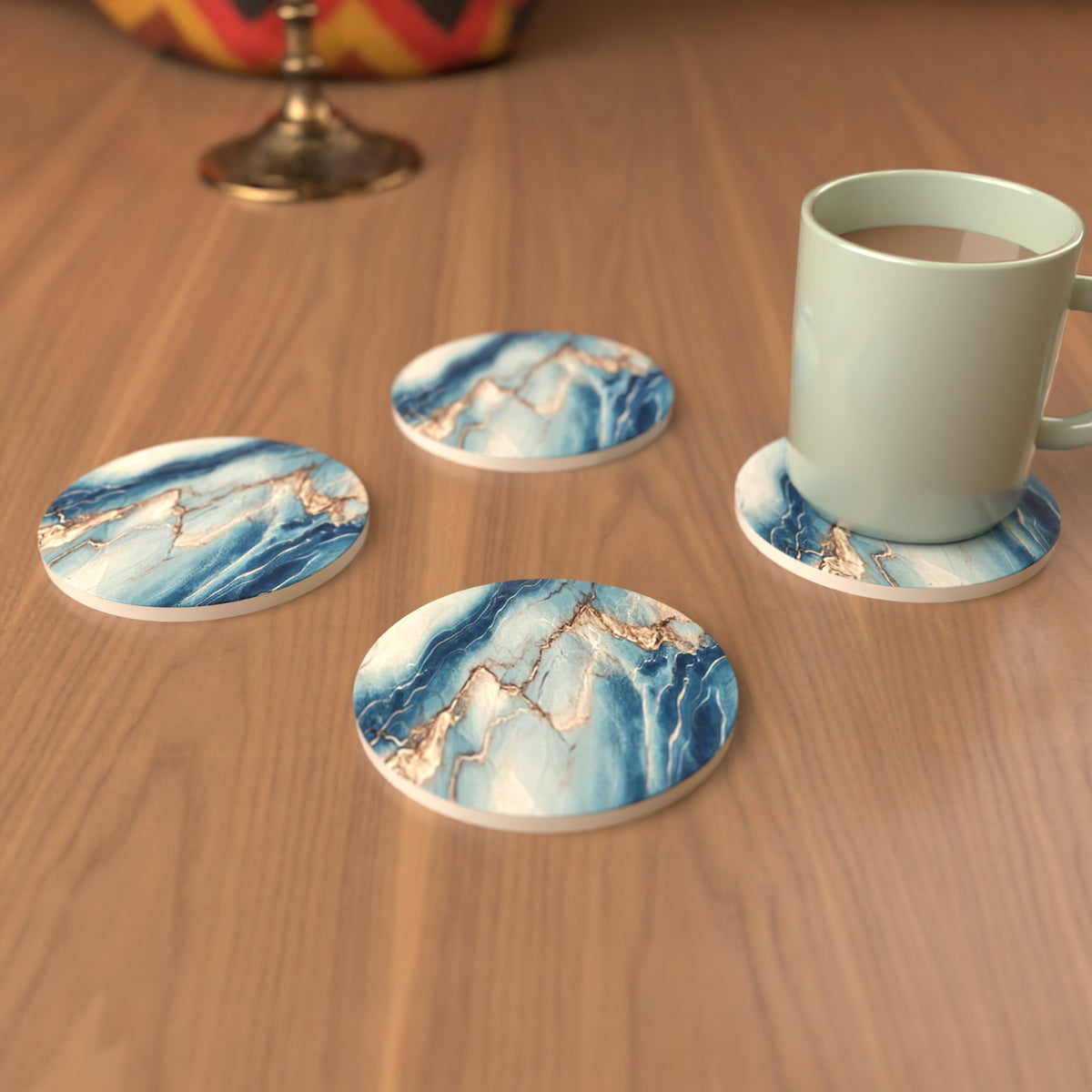 Cyan, Blue & Gold Marble Round Ceramic Coasters – Set of 6 – lifestyle mockup 3