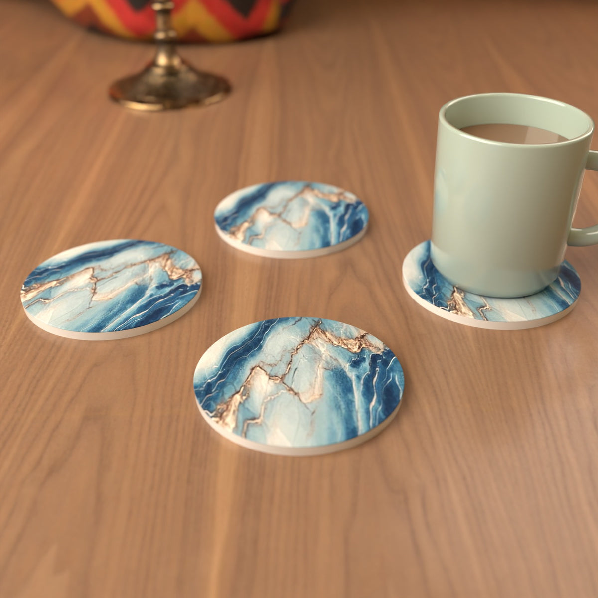 Cyan, Blue & Gold Marble Round Ceramic Coasters – Set of 6 – lifestyle mockup 3
