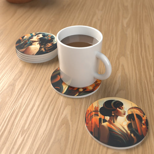 Art Deco Portrait Round Ceramic Coasters – Set of 6 – lifestyle mockup 1