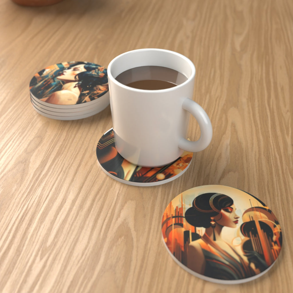 Art Deco Portrait Round Ceramic Coasters – Set of 6 – lifestyle mockup 1