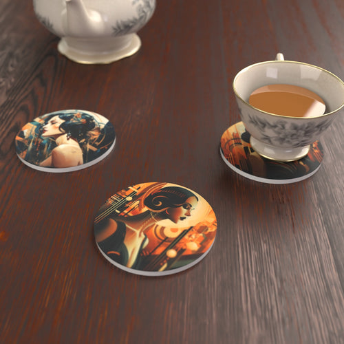 Art Deco Portrait Round Ceramic Coasters – Set of 6 – lifestyle mockup 2
