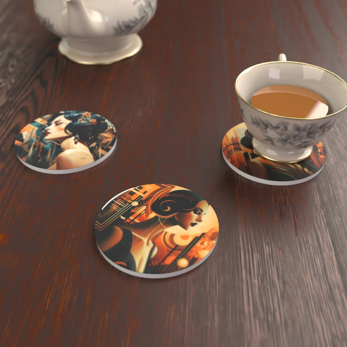 Art Deco Portrait Round Ceramic Coasters – Set of 6 – lifestyle mockup 2