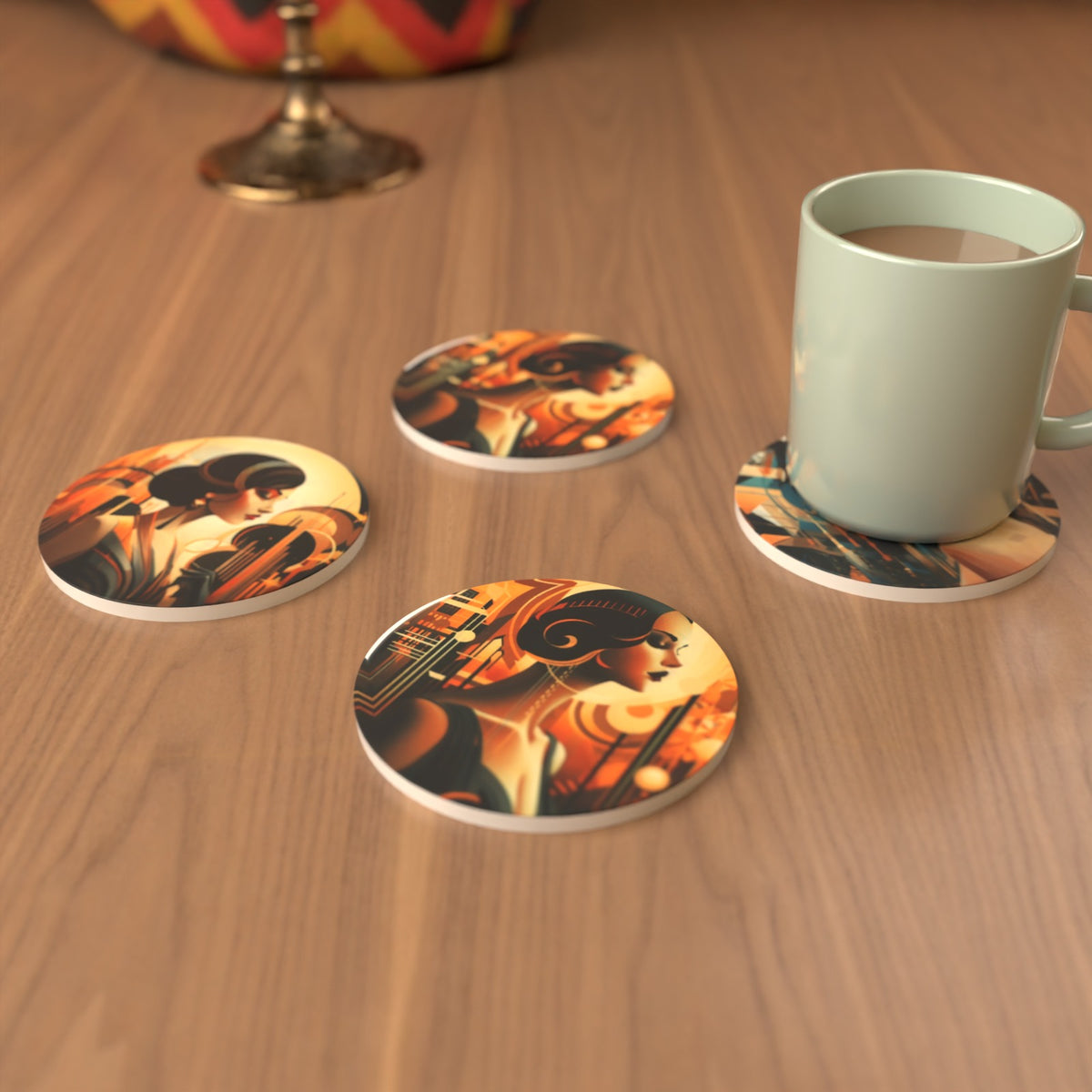 Art Deco Portrait Round Ceramic Coasters – Set of 6 – lifestyle mockup 3