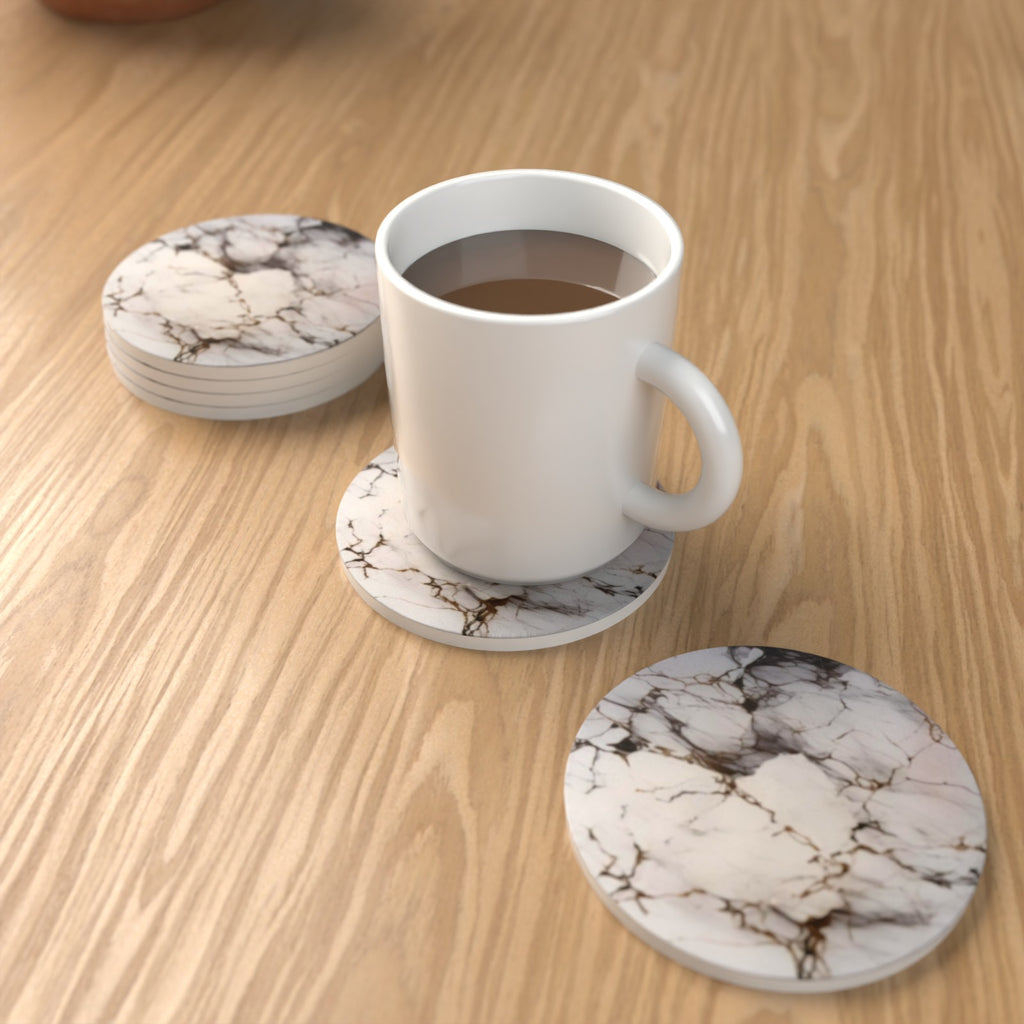 Grey, White & Gold Marble Round Ceramic Coasters – Set of 6 – lifestyle mockup 1