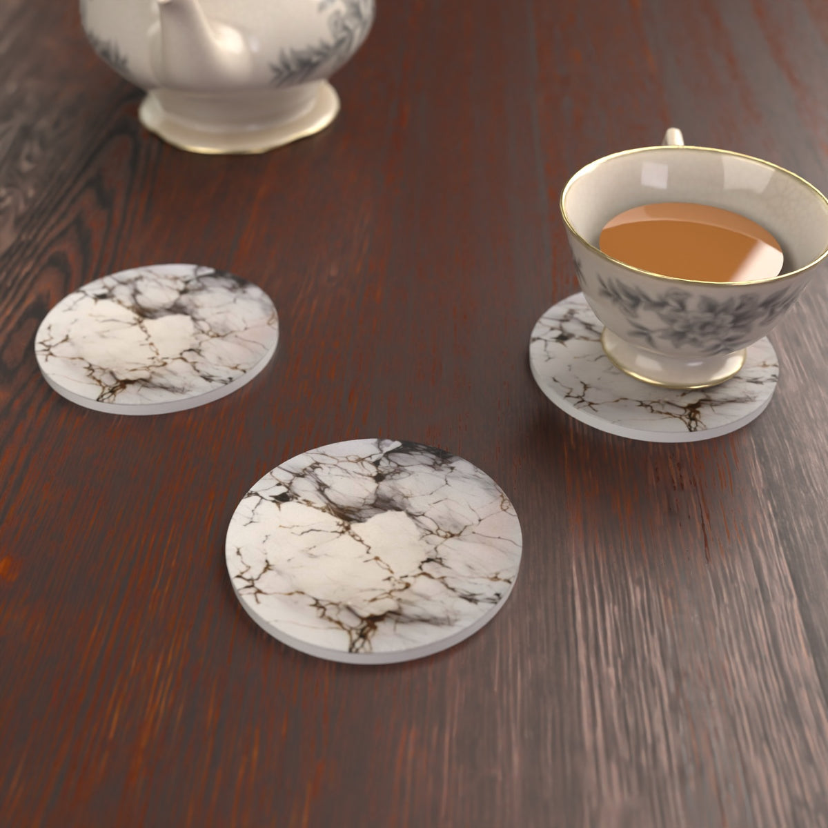 Grey, White & Gold Marble Round Ceramic Coasters – Set of 6 – lifestyle mockup 2