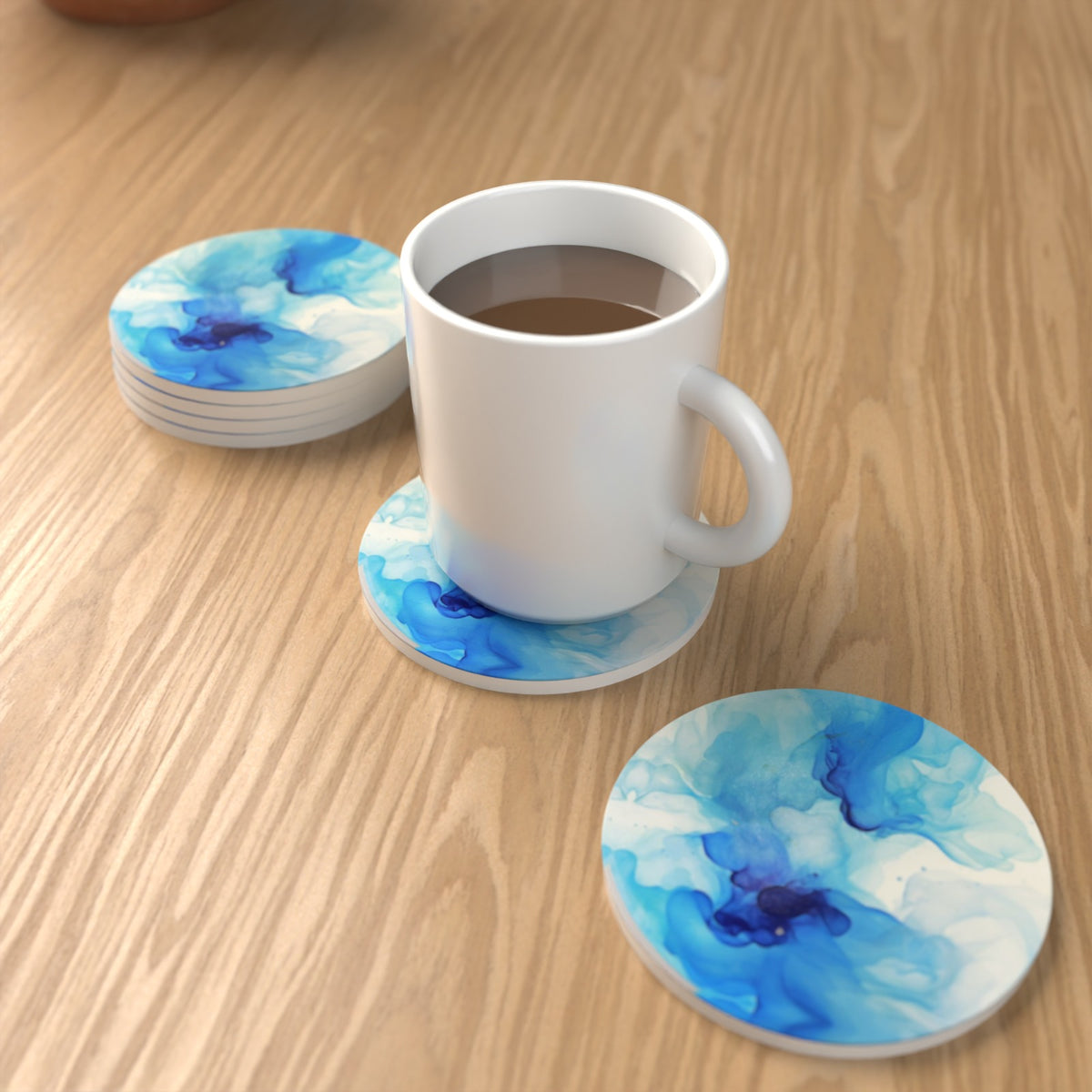 Blue Swirl Marble Round Ceramic Coasters – Set of 6 – lifestyle mockup 1
