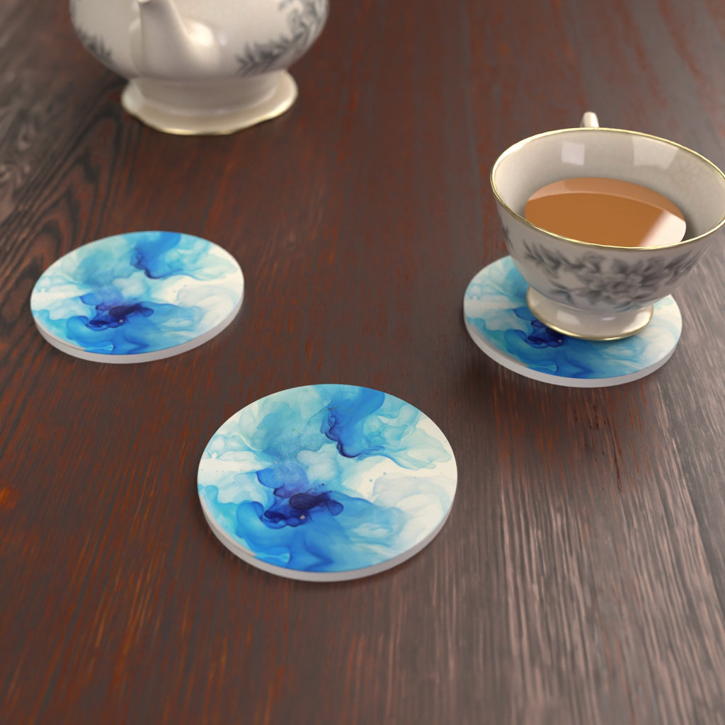 Blue Swirl Marble Round Ceramic Coasters – Set of 6 – lifestyle mockup 2