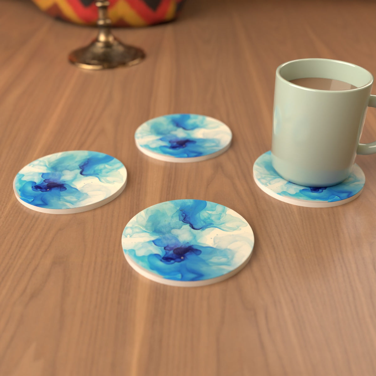 Blue Swirl Marble Round Ceramic Coasters – Set of 6 – lifestyle mockup 3