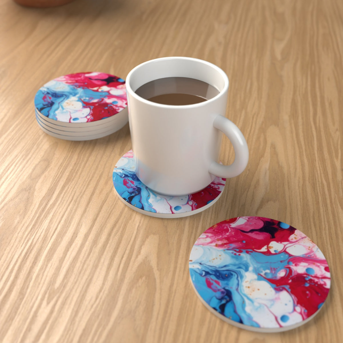 Acrylic Oil Splash Art Round Ceramic Coasters – Set of 6 – lifestyle mockup 1