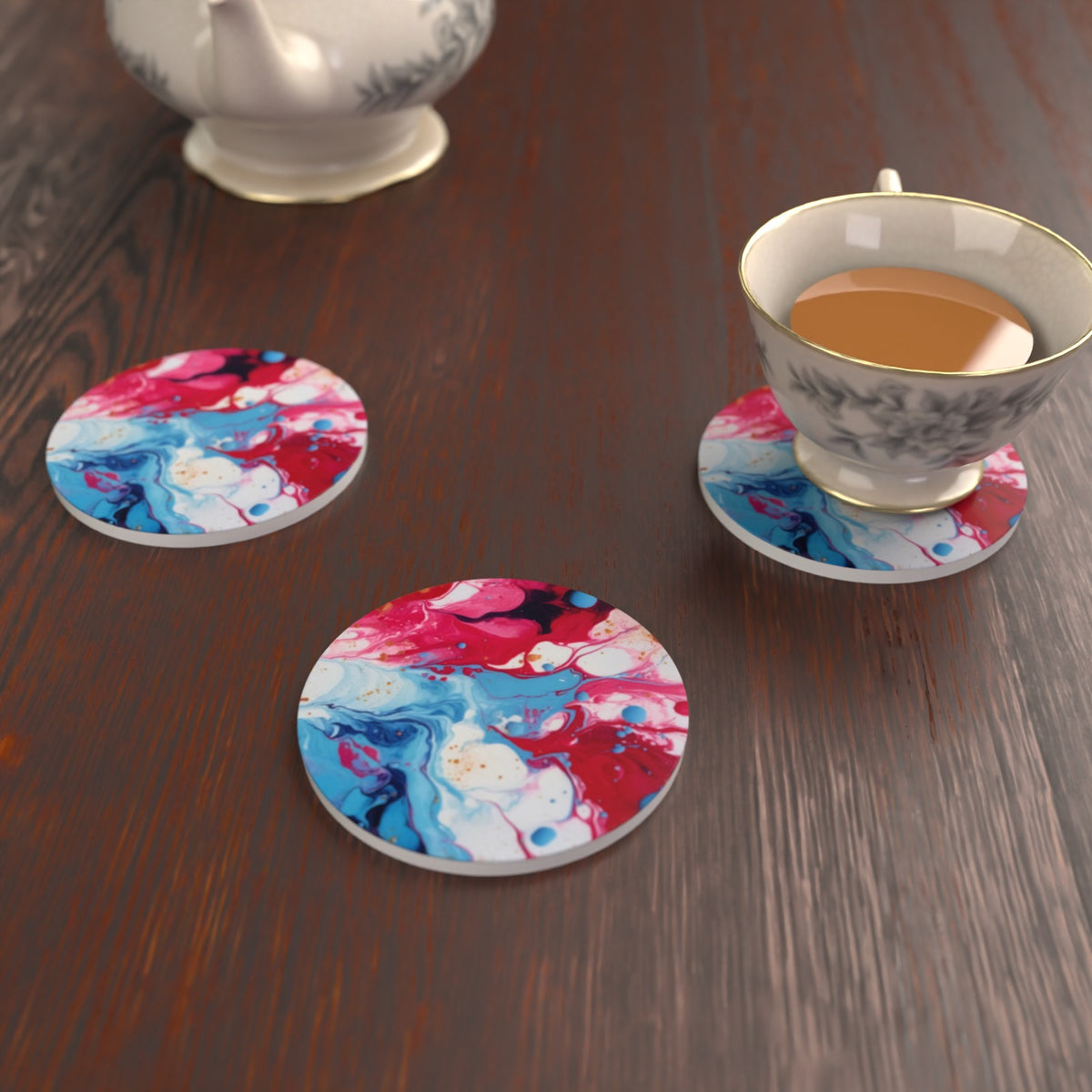 Acrylic Oil Splash Art Round Ceramic Coasters – Set of 6 – lifestyle mockup 2