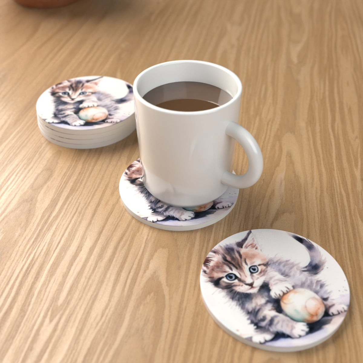 Cuddly Kitten Watercolour Round Ceramic Coasters – Set of 6 – lifestyle mockup 1