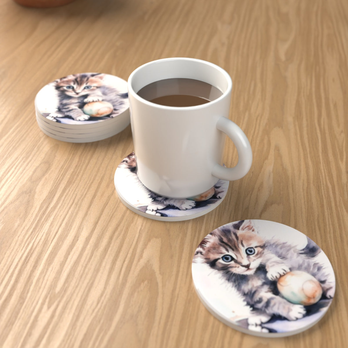 Cuddly Kitten Watercolour Round Ceramic Coasters – Set of 6 – lifestyle mockup 1