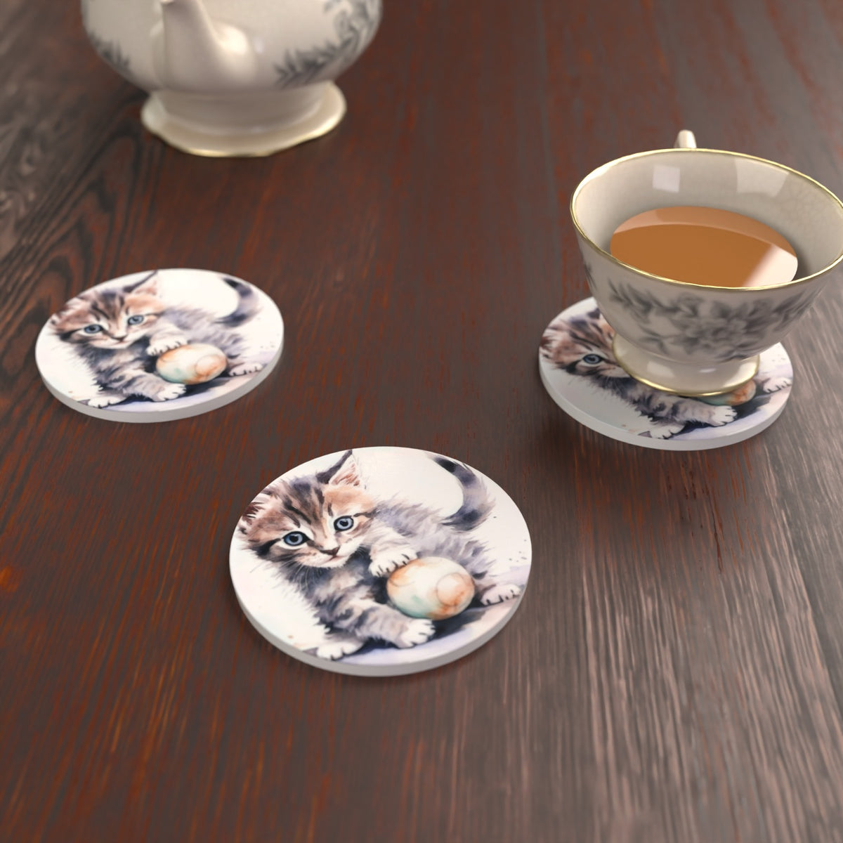 Cuddly Kitten Watercolour Round Ceramic Coasters – Set of 6 – lifestyle mockup 2