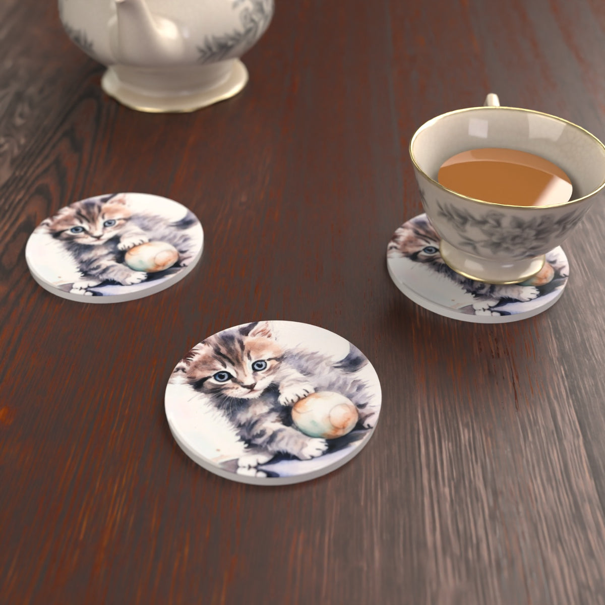 Cuddly Kitten Watercolour Round Ceramic Coasters – Set of 6 – lifestyle mockup 2