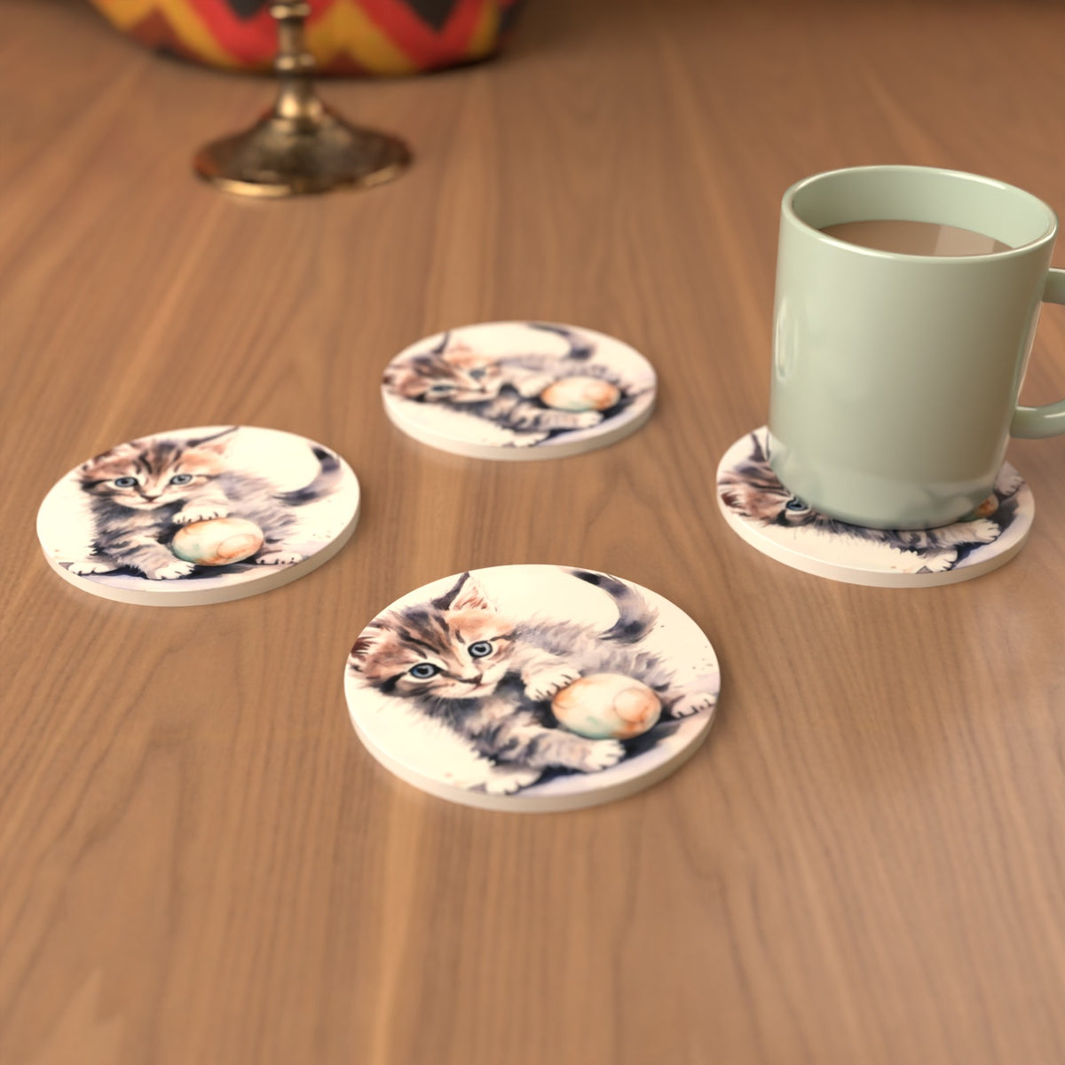 Cuddly Kitten Watercolour Round Ceramic Coasters – Set of 6 – lifestyle mockup 3