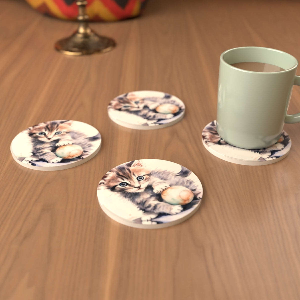 Cuddly Kitten Watercolour Round Ceramic Coasters – Set of 6 – lifestyle mockup 3