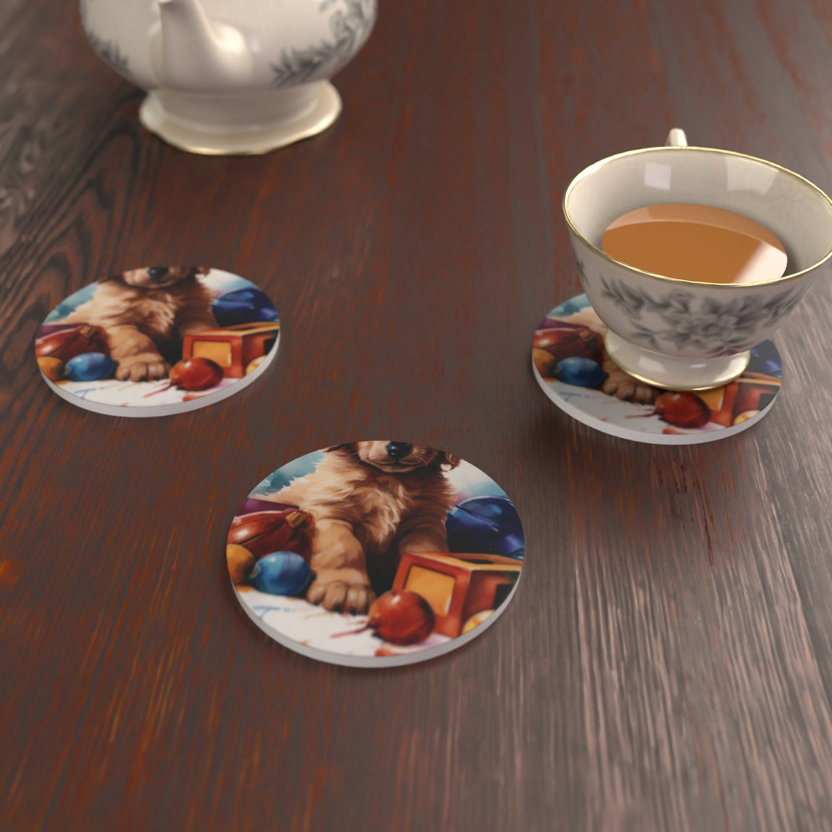 Golden Retriever Puppy Watercolour Ceramic Coasters – Set of 6 – lifestyle mockup 2