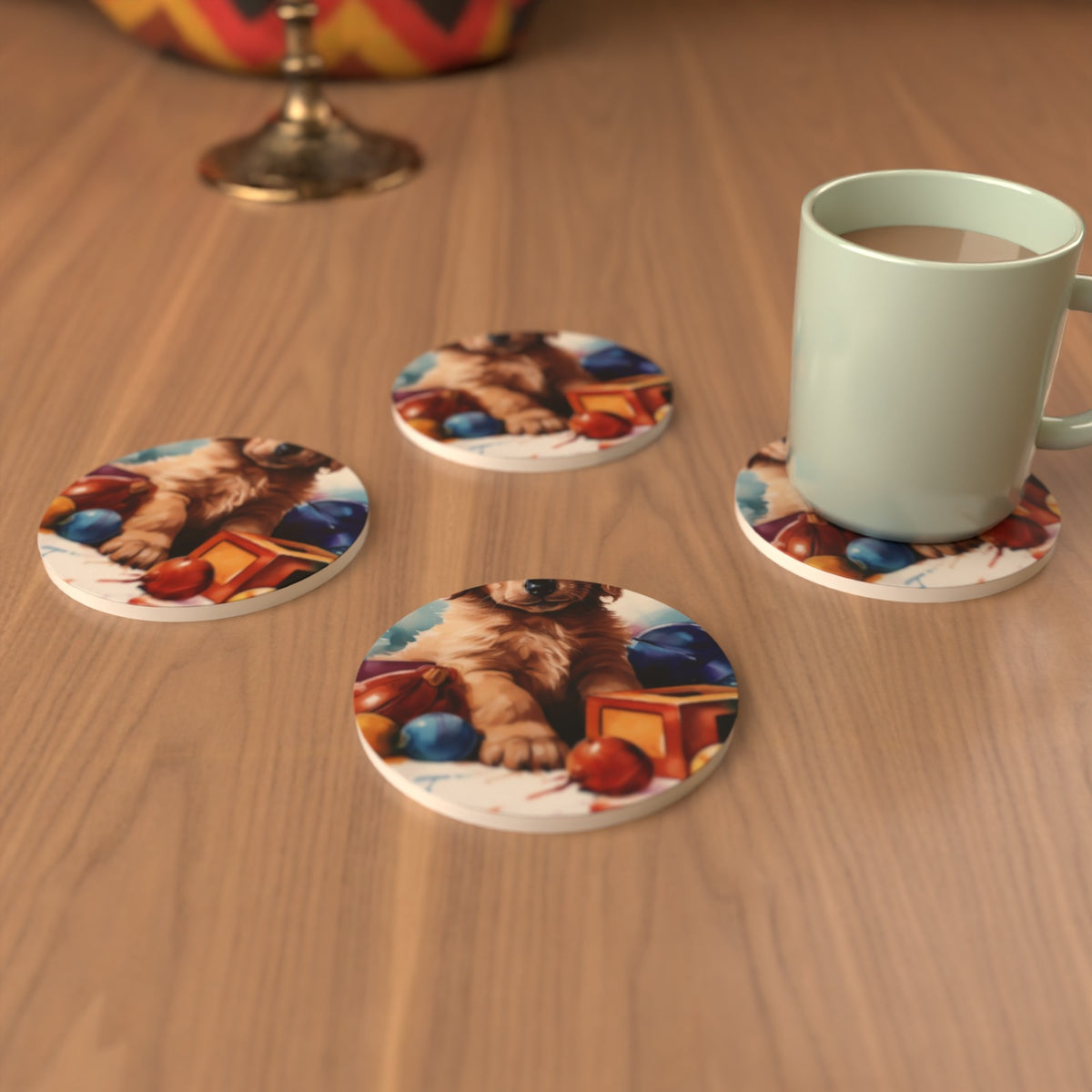 Golden Retriever Puppy Watercolour Ceramic Coasters – Set of 6 – lifestyle mockup 3