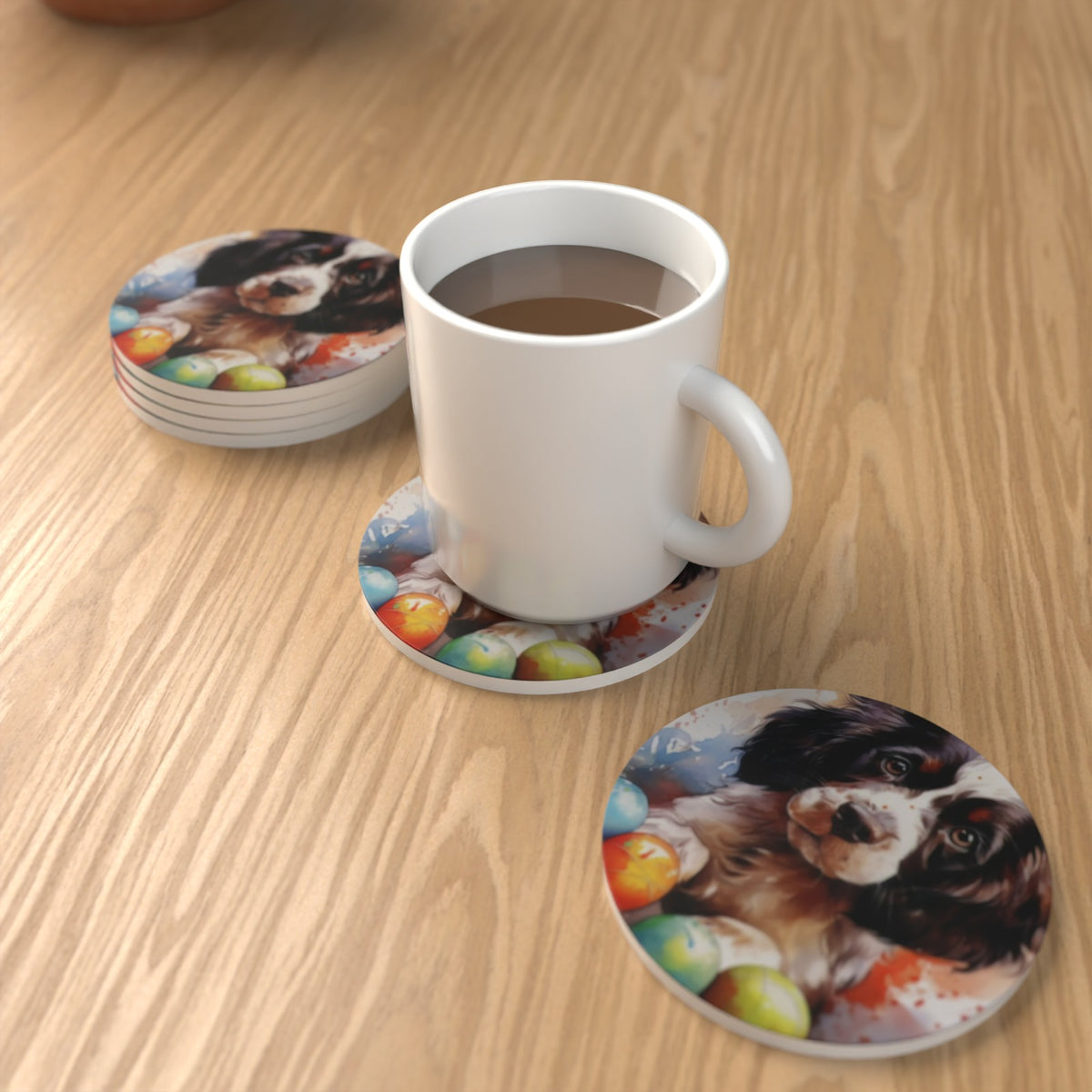 Springer Spaniel Puppy Watercolour Ceramic Coasters – Set of 6 – lifestyle mockup 1