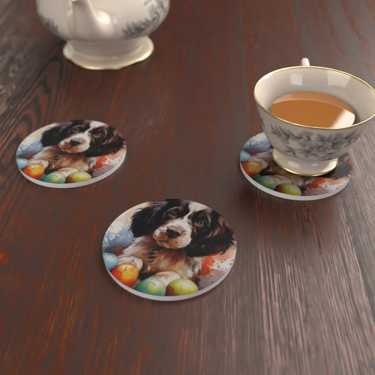 Springer Spaniel Puppy Watercolour Ceramic Coasters – Set of 6 – lifestyle mockup 2