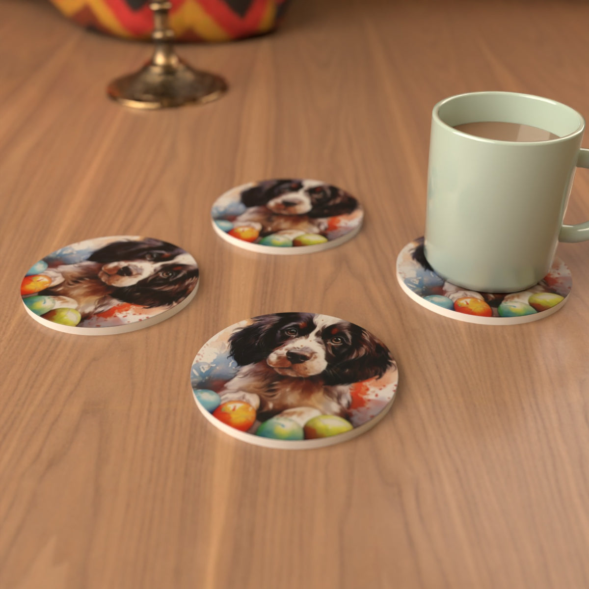 Springer Spaniel Puppy Watercolour Ceramic Coasters – Set of 6 – lifestyle mockup 3