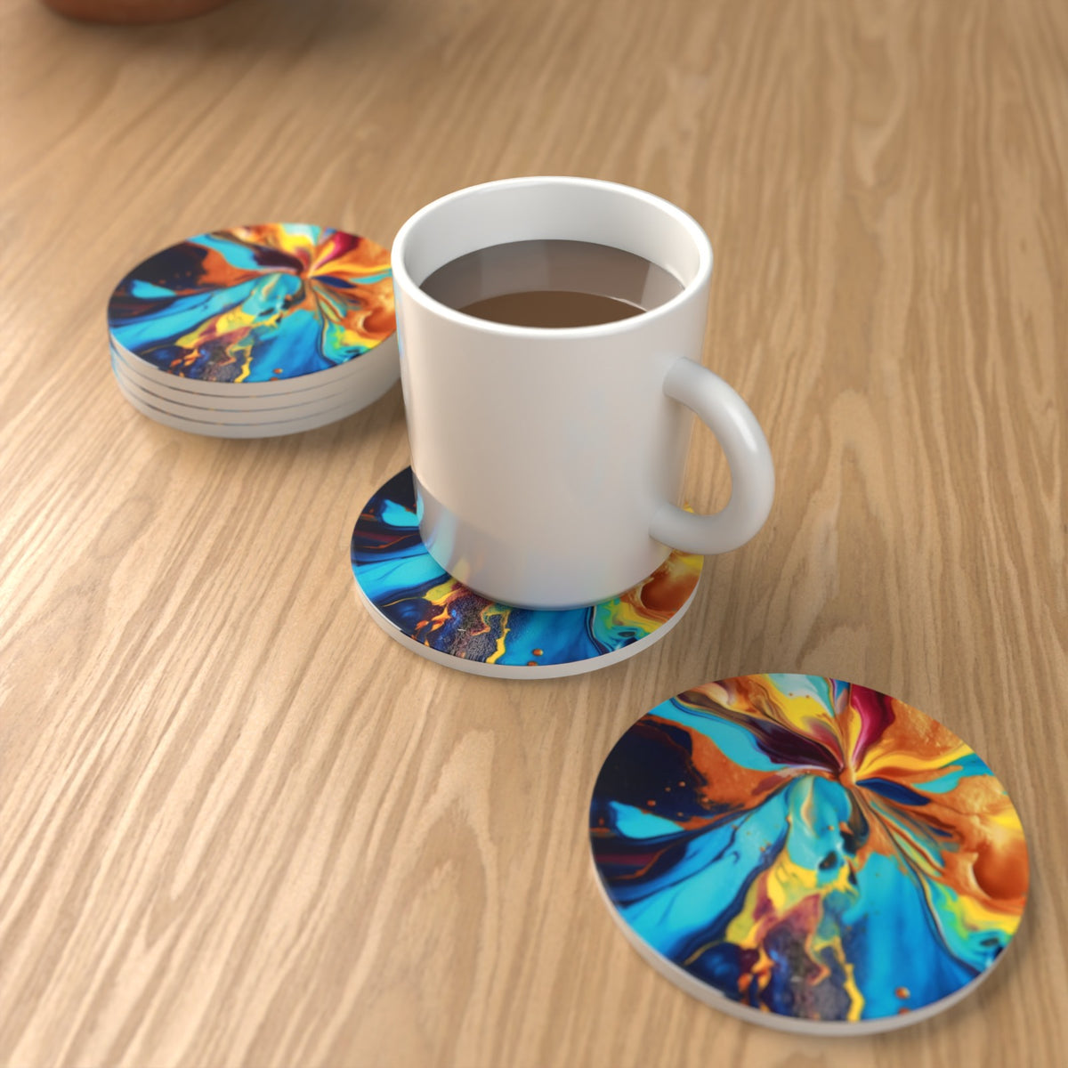 Fluid Lava Pink & Teal Round Ceramic Coasters – Set of 6 – lifestyle mockup 1