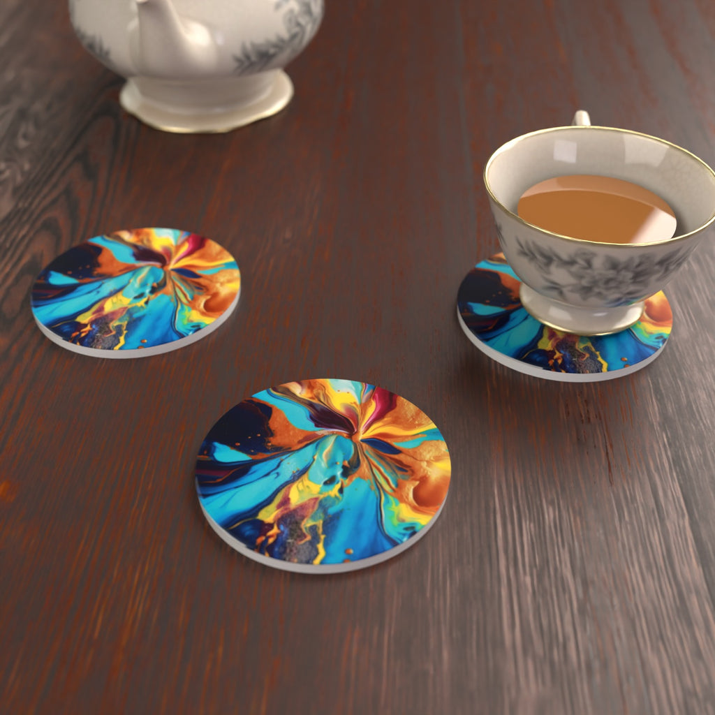 Fluid Lava Pink & Teal Round Ceramic Coasters – Set of 6 – lifestyle mockup 2